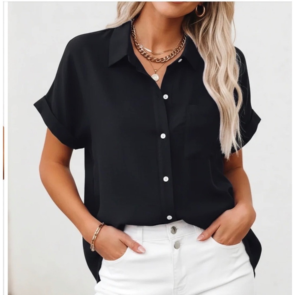 Harper & Lane Women 100% Linen Button Down Shirt XL Black Short Sleeve Blouse